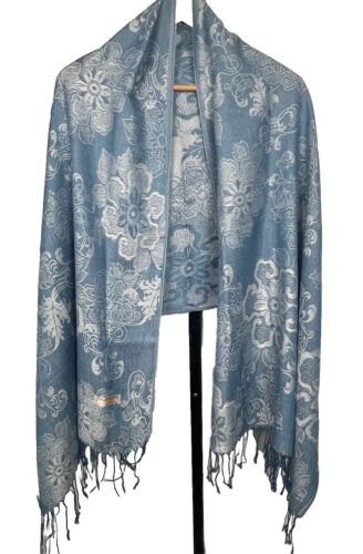 Blue Scarf Shawl Wrap Fringe Tassel Silver Floral Boho Peasant Romantic Soft New