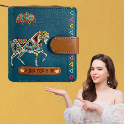 Funk For Hire Women Zipper wallet with Printed Petrol Blue colour Leatherette