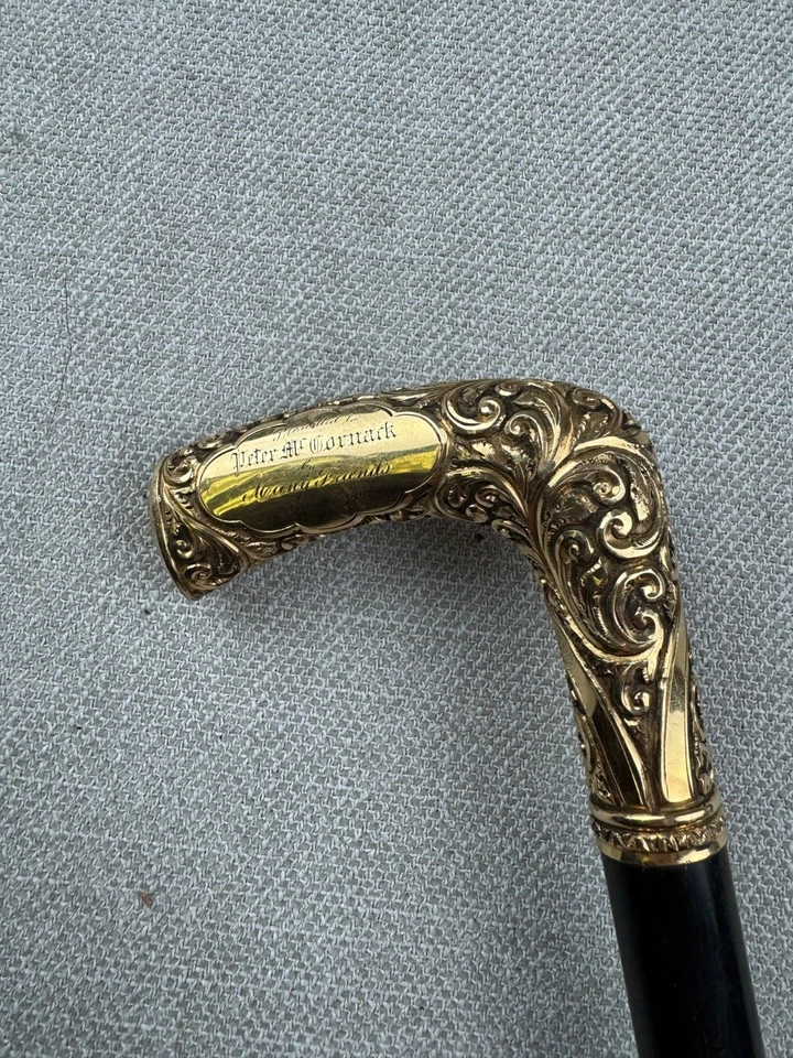 Bastón victoriano Repousse mango dorado bastón principios de 1900 masónico Foto 3 de 4