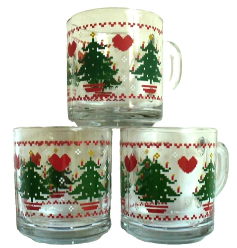 3~Vint~1984~ANCHOR HOCKING~Christmas Trees~CLEAR GLASS~Mugs~PIXEL~Hearts~EUC