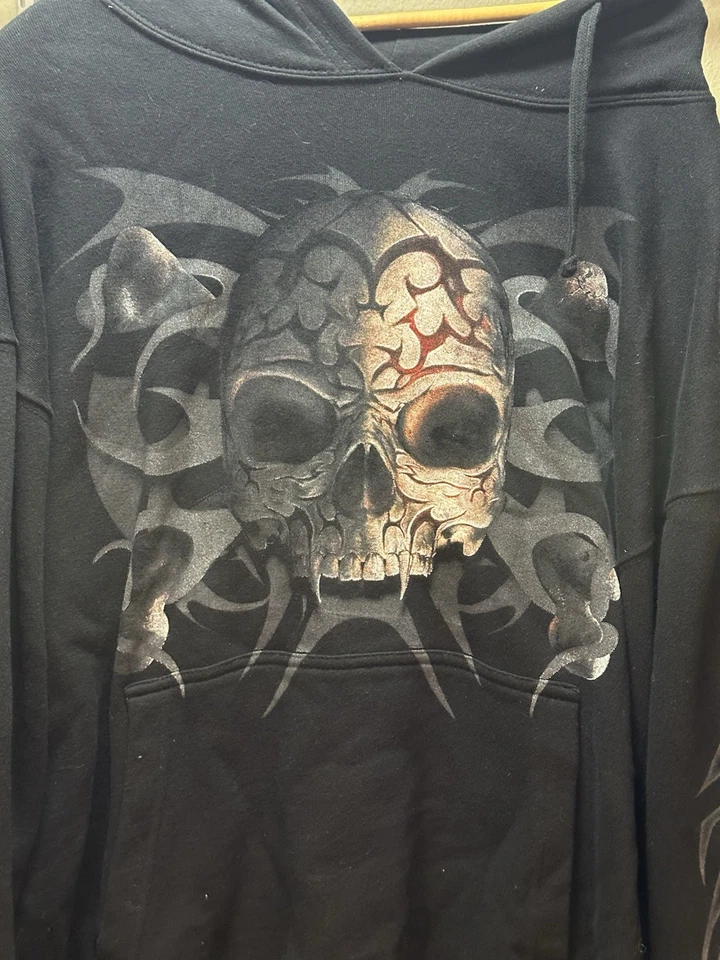 Sudadera con Capucha Tribal Calavera Gótica Directa Espiral Y2K Doble Cara Algodón Negro Para Hombres XL Foto 3 de 4