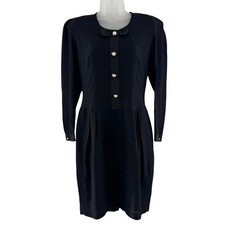 Donna Ricco Dress Womens 8 Black Pearl Button Bow Long Sleeve Sheath Knee Length