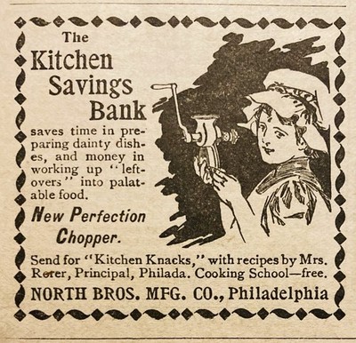 1896 AD.(PC7)~NORTH BROS. MFG. CO. PHIL., PA. THE NEW PERFECTION FOOD CHOPPER