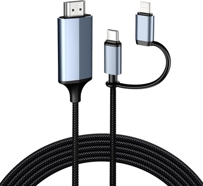 2-in-1 Lightning & Type C to HDMI Cable & C -6.6ft, Grey 