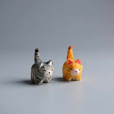 Mini Carved Wooden Cat Figurines Handmade White Gray Brown Kitten Sculpture