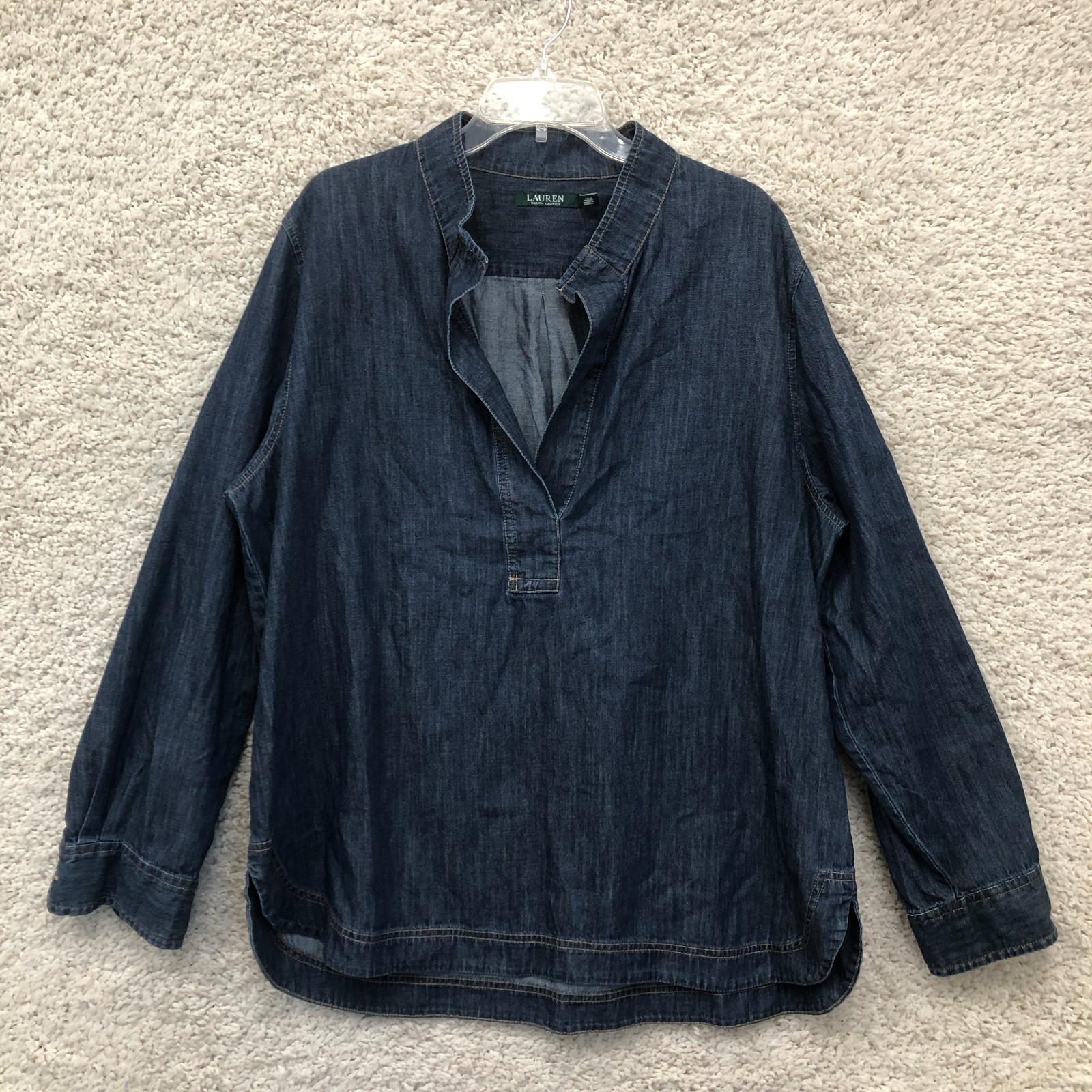 LRL Ralph Lauren Top Shirt 2XL Adult Blue Denim Split Neck Long Sleeve Women XL