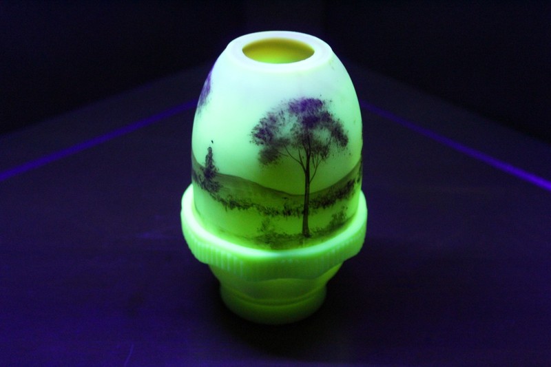 Vintage Fenton Fairy Lamp: "Tree Scene" Uranium Burmese Glass Kay Haught