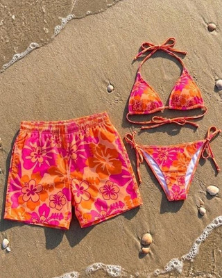 Couple Hibiscus Swimwear Set, Floral Bikini & Swim Trunks Matching Outfit