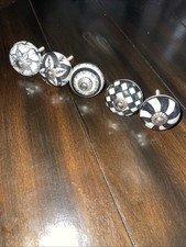 Hand Painted Black White Ceramic Drawer Knobs Pulls Vintage Style set of 5