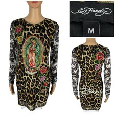Dolls Kill x Ed Hardy Women Medium Dress Virgin Mary Leopard Print Mesh Mini EUC