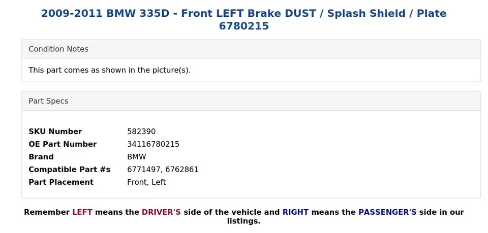 BMW 335D 2009-2011 - Freno delantero izquierdo polvo/escudo contra salpicaduras/placa 6780215 Foto 4 de 4