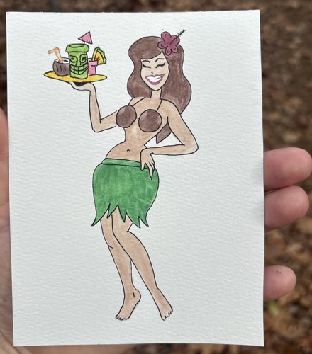 Original Art ACEO Miniature Painting ATC  Hula Hawaii Hawaiian Girl Tiki