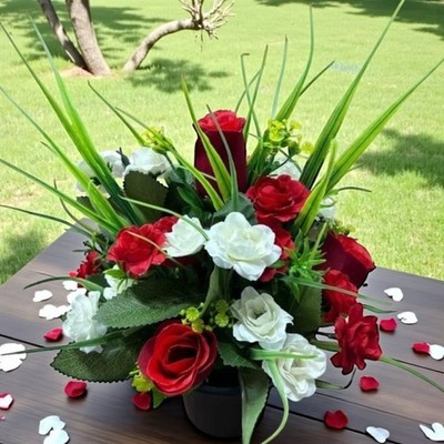 Große & Mini rote Rosen & Gräser Kunstblumen Grab Denkmal Crem Topf. 65