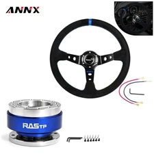 14"Suede Leather Deep Dish 93mm Drifting Racing Steering Wheel+Quick Release Kit
