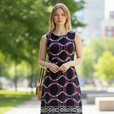 Cato Geometric Sheath Dress Women 8 Black Purple Belted Sleeveless Round Neck