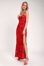 Lulu  s Sunset the Mood Red Multi Floral Print Lace-Up Maxi Dress Small 767