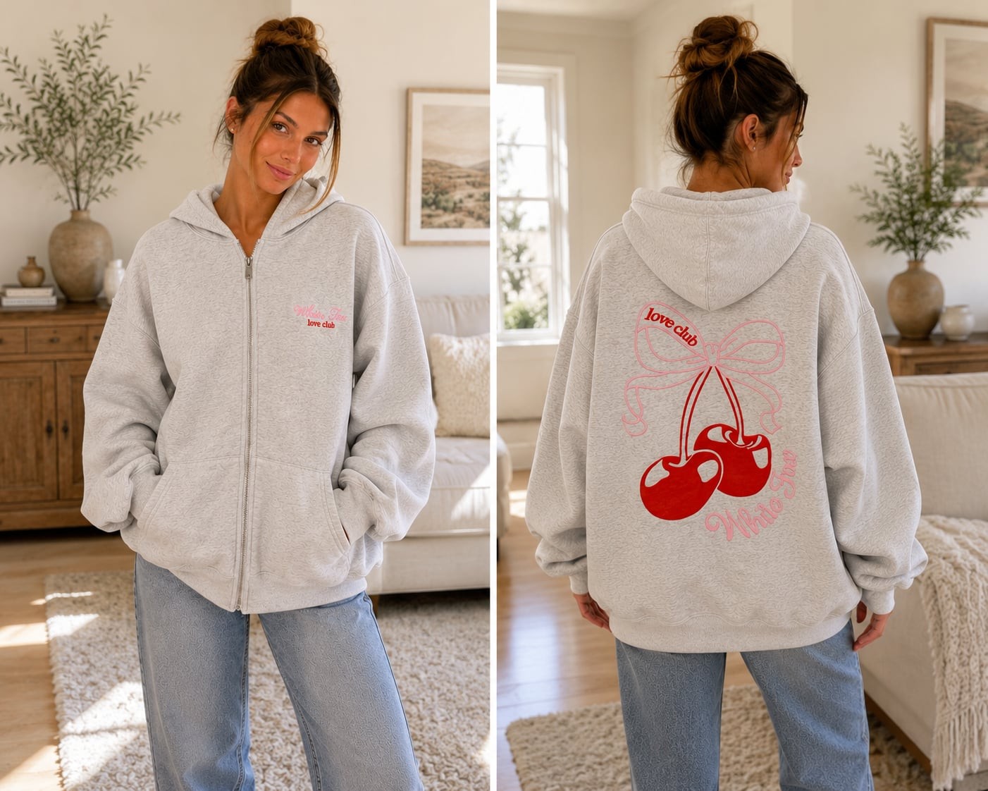 White Fox Love Club Cherry Bow Zip Up Hoodie Heather Grey Size Medium