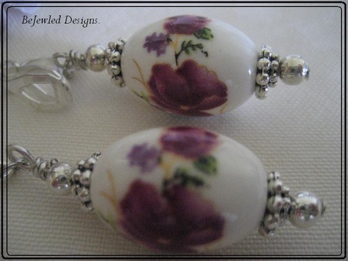 White Ceramic & Pink Flower Earrings ~ Choice of Pierced or Clip-On attachments - Picture 3 of 5