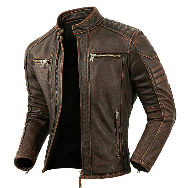 Men's Genuine Leather Jacket Calfskin First Layer Motorcycle Jacket With Studded
