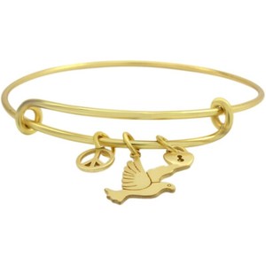 Authentic Peace, Dove & Key to My Heart Charms Wire Bangle Bracelet 14K Yellow Gold Plated