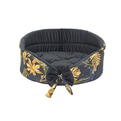 FERA Gold ovales Bett mit Schleife für Hunde und Katzen S 53x44x26 cm