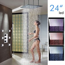 24"LED Shower Faucet Set Thermostatic Rainfall Head 6 Body Massage Jet Mixer Tap