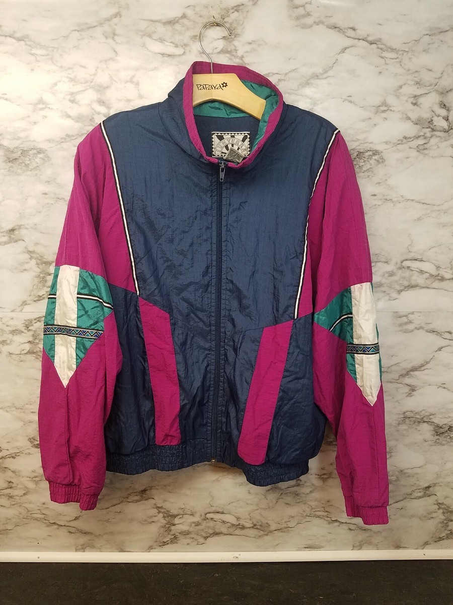 Vtg 80s SUNTERRA Bright Geometric Windbreaker Track JACKET Nylon