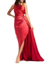 MAC DUGGAL Red One Shoulder Faux Wrap Pleated Ruched Satin Maxi Gown w/ Train 0