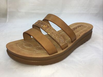 DoDo LUCITA-CAMEL SPARKLY RHINESTONE 3 BANDS Slide Cushion Platform Women Sandal
