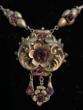 Vintage Victorian Amethyst Rhinestones and Ornate Brass Necklace Very Petite