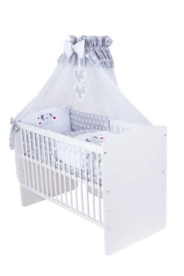 Babybett K2 mit 10-tlg Komplett-Set Bettwäsche Matratze Himmel Neu Maus Grau