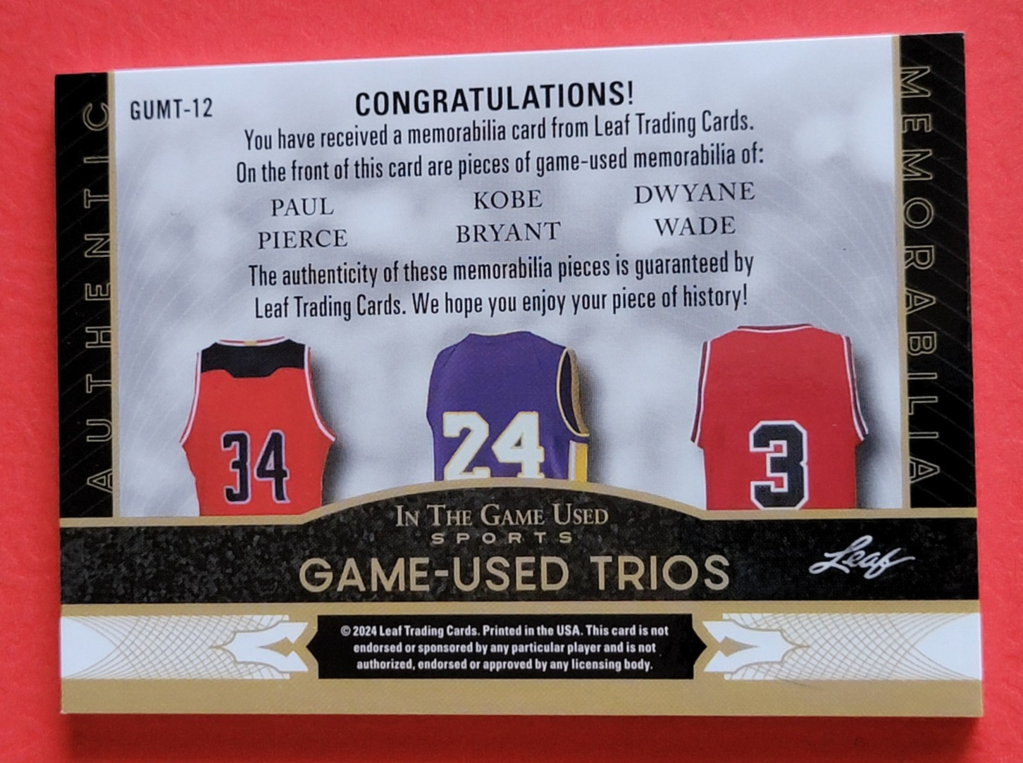KOBE BRYANT GAME USED JERSEY CARD #d3/3 DWYANE WADE PAUL PIERCE 2024 LEAF LAKERS view 2