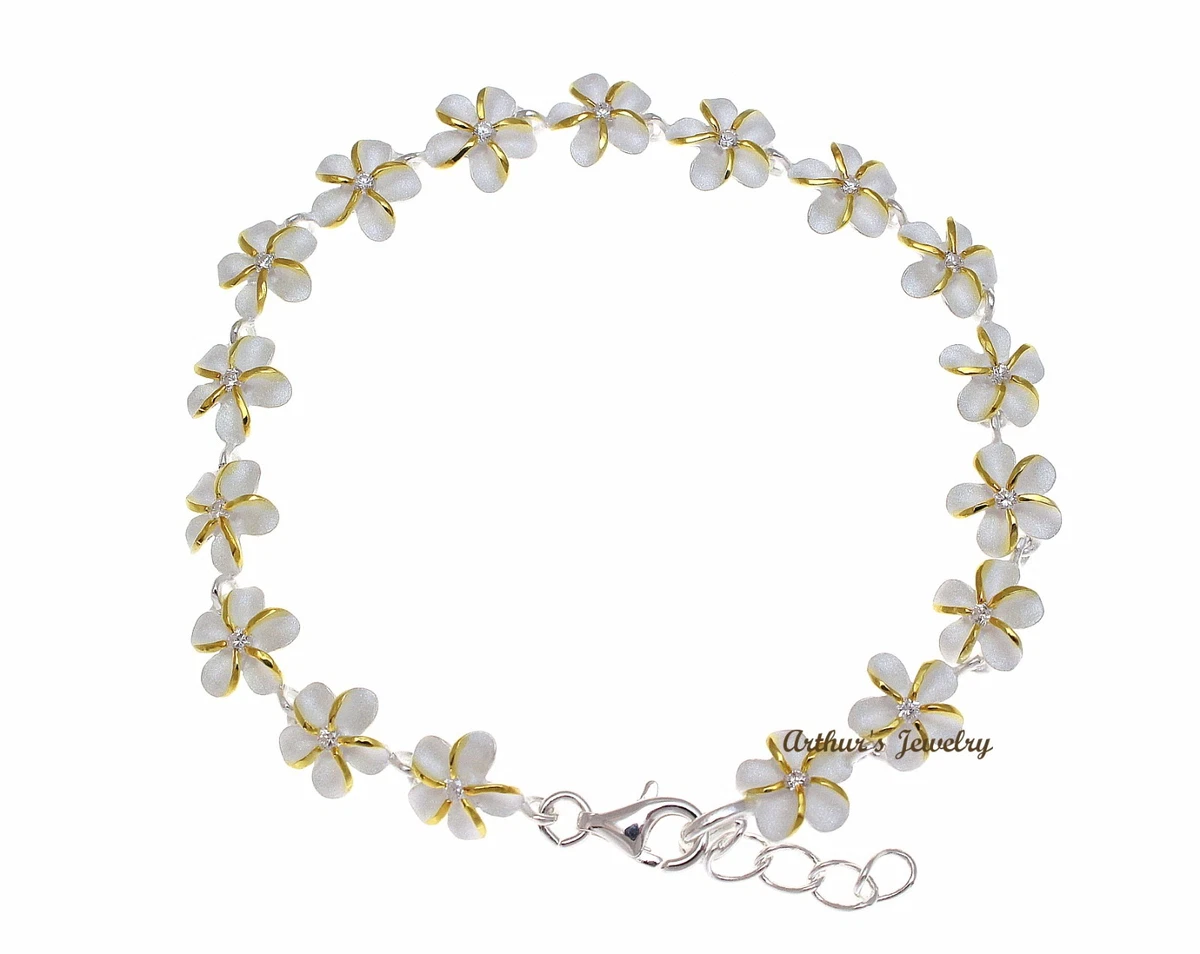 YELLOW GOLD SILVER 925 HAWAIIAN PLUMERIA FLOWER LINK BRACELET CZ 2