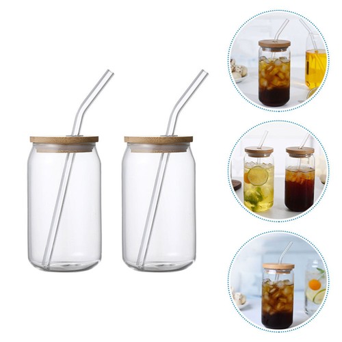 2 Pcs Bamboo Lid of Glass Cup Miss Drinking Cups with Straws and Lids