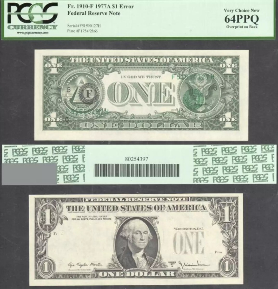 $1 1977-A FRN Overprint on Back Error Serials + Seals Wrong Side