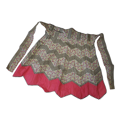 Vintage Handmade Half Apron Zig Zag Hem Pink Gray Mixed Prints