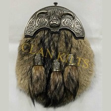 Handmade Full Dress Fox Fur Sporran with Antique Highland Cow Head Design Cantle