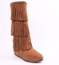 MINNETONKA 3-Layer Fringe Moccasin Boho Boots Women's Brown Size 6 New In Box