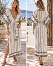 Zimmermann White/Grey Striped Kaftan Midi Dress V-Neck Fringe Belt Size 1 (10)