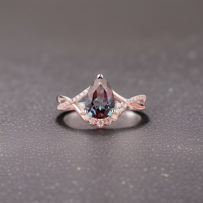 925 Sterling Silver Pear Cut Alexandrite With CZ Handmade Ring, June birthstone