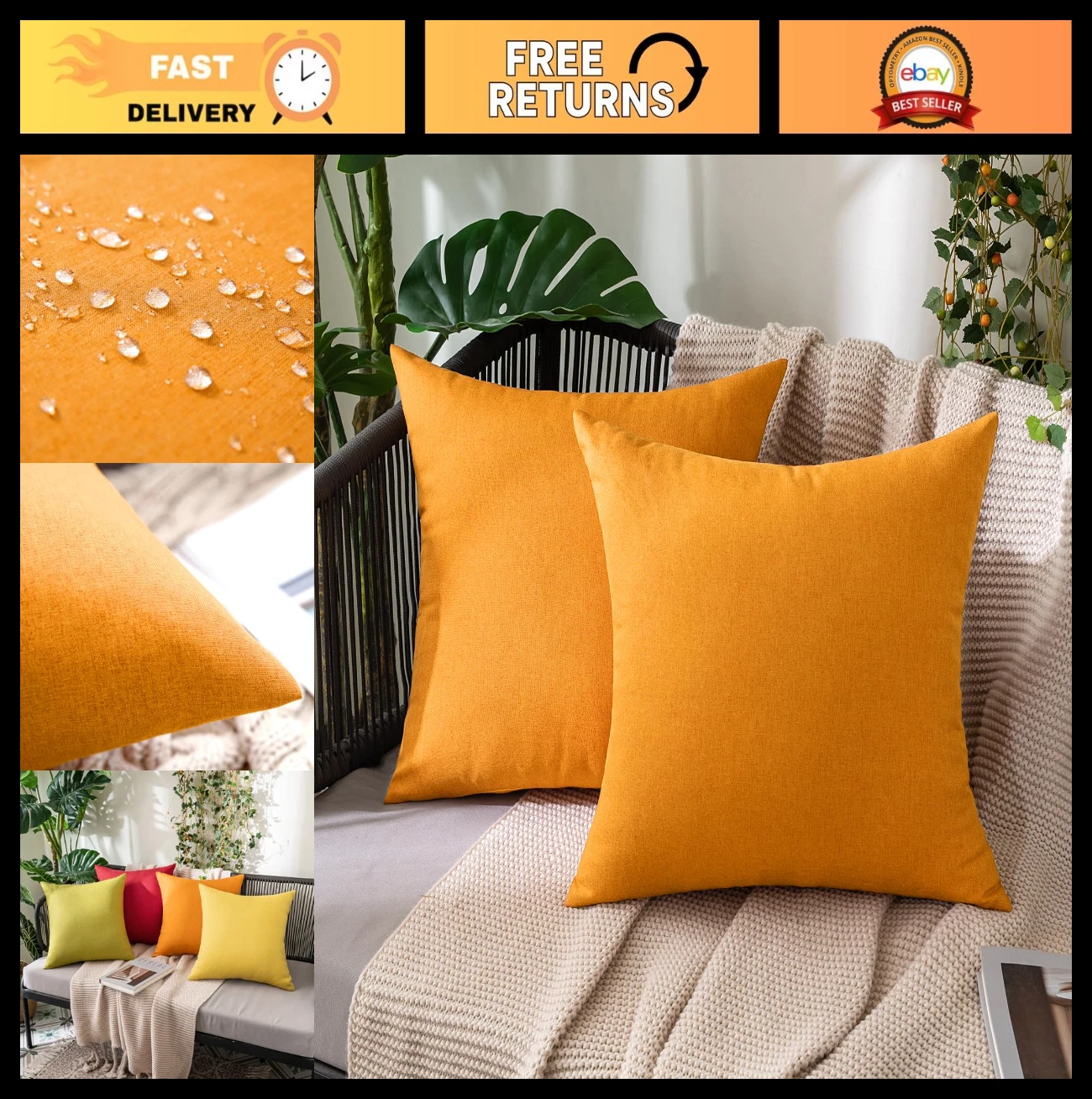 Pack of 2 Waterproof Outdoor Throw Pillow Covers, Faux Linen 18x18 Inch, Pumpkin