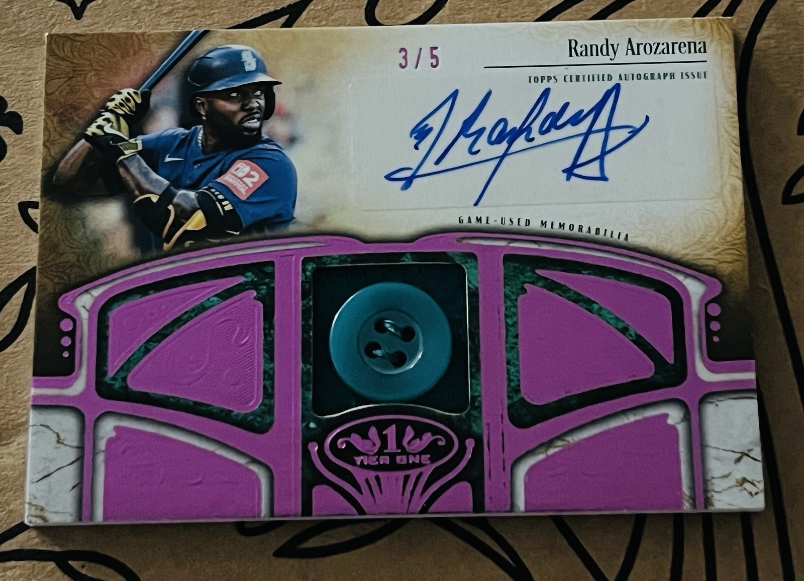 2026 Topps Tier One Randy Arozarena Game Used Button Relic Auto /5 Mariners