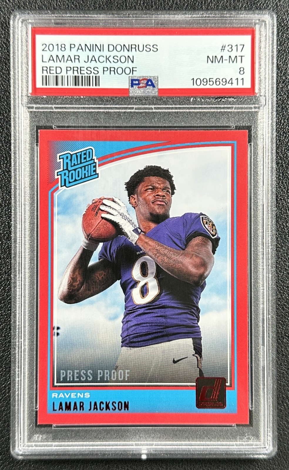 LAMAR JACKSON PSA 8 2018 PANINI DONRUSS #317 ROOKIE PRESS PROOF RED RAVENS 9411 view 1