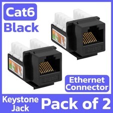 2 Pack Cat6 Keystone Jack Black RJ45 Ethernet LAN Network 110 Punch Down Snap-in