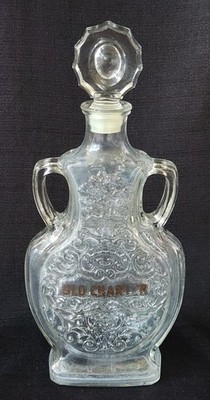 Vintage Old Charter Double Handle Embossed Glass Whiskey Decanter 12.75'' W/Lid