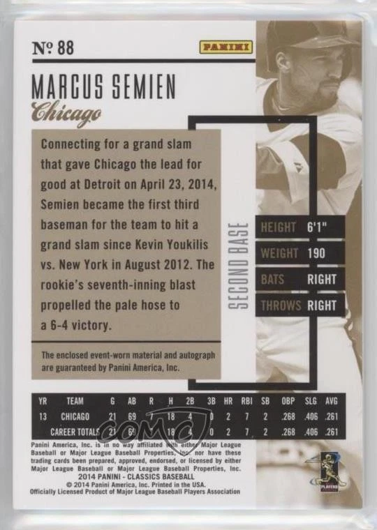 2014 Panini Classics Silver Jerseys /299 Marcus Semien #88 Rookie Auto RC - Image 2 of 2