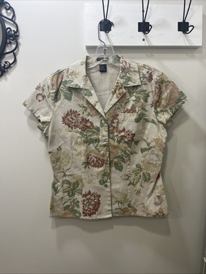 Ecologie Top Button Up Size Medium Beige Floral 55% Linen Short Sleeve Fitted