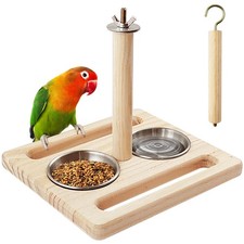 Bird Perch with Stainless Steel Feeding Bowl Cups,Parrot Wood Perch Stand Toy...