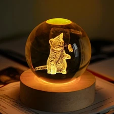 2.3in Crystal Ball for Cat Lovers 3D Glass Engraved Cat Decorative Night Light w