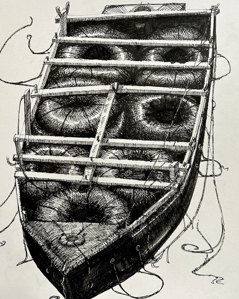 Bolígrafo y Tinta Dibujo Original de Balsa Fugitiva Cubana  Foto 2 de 3